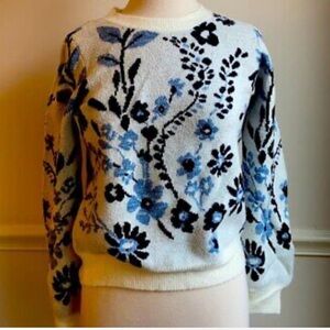 Loft White and Blue Floral Sweater
